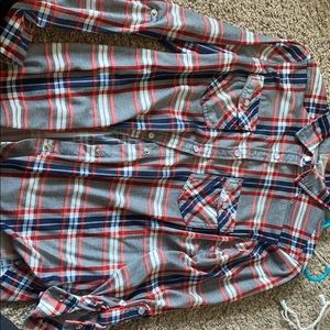 Blue, red, and white flannel.
